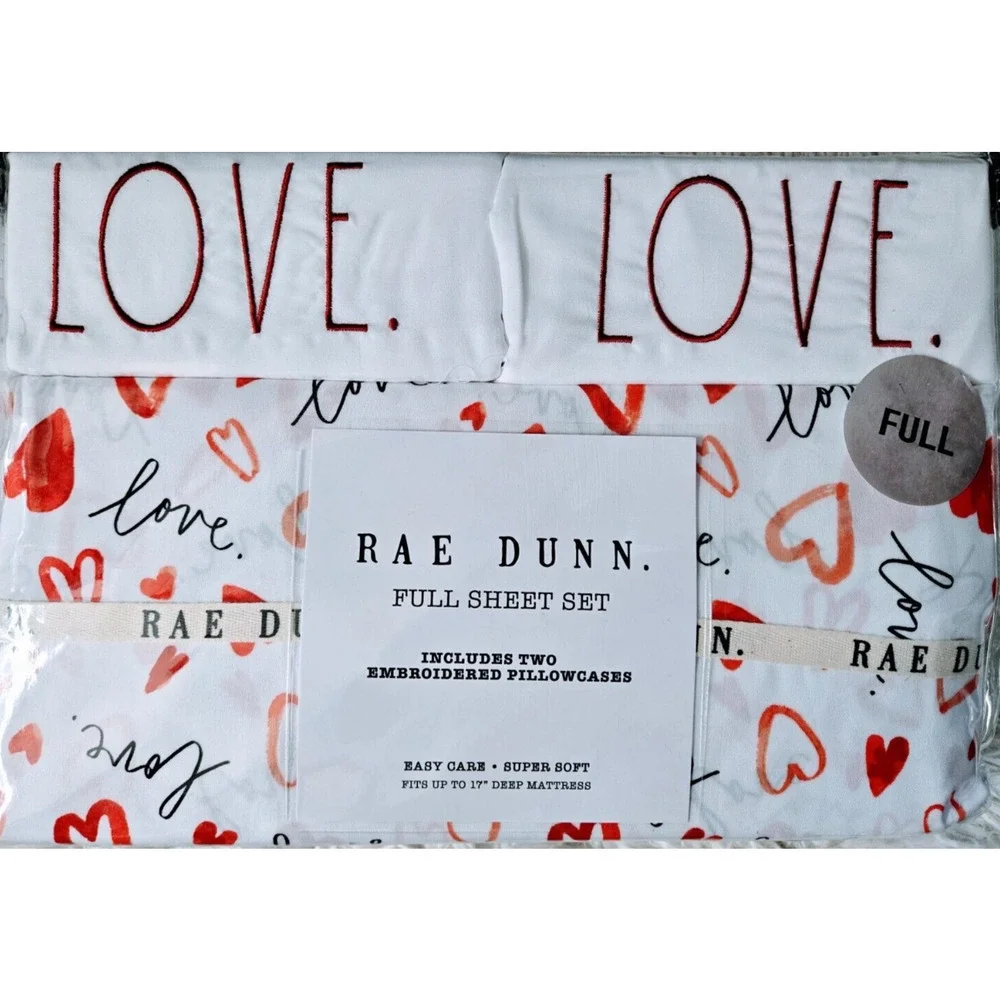Rae Dunn Sheet Set Embroidered LOVE Pillowcases, Hearts, Valentine's day‎ = Full